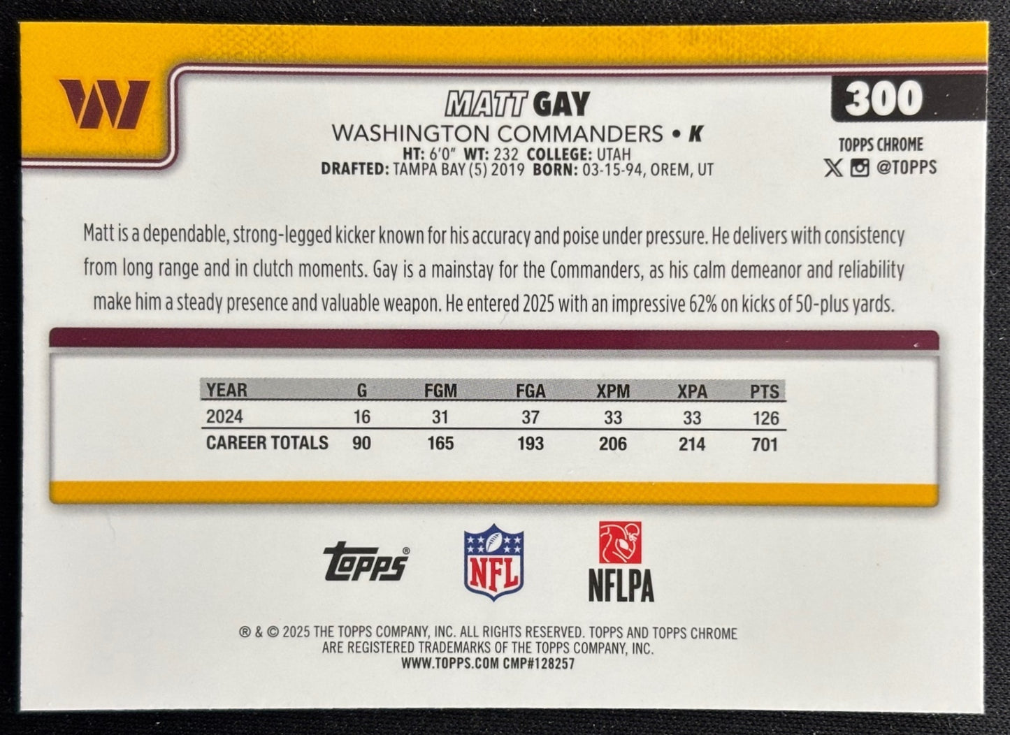 Matt Gay 2025 Topps Chrome RayWave Refractor Commanders