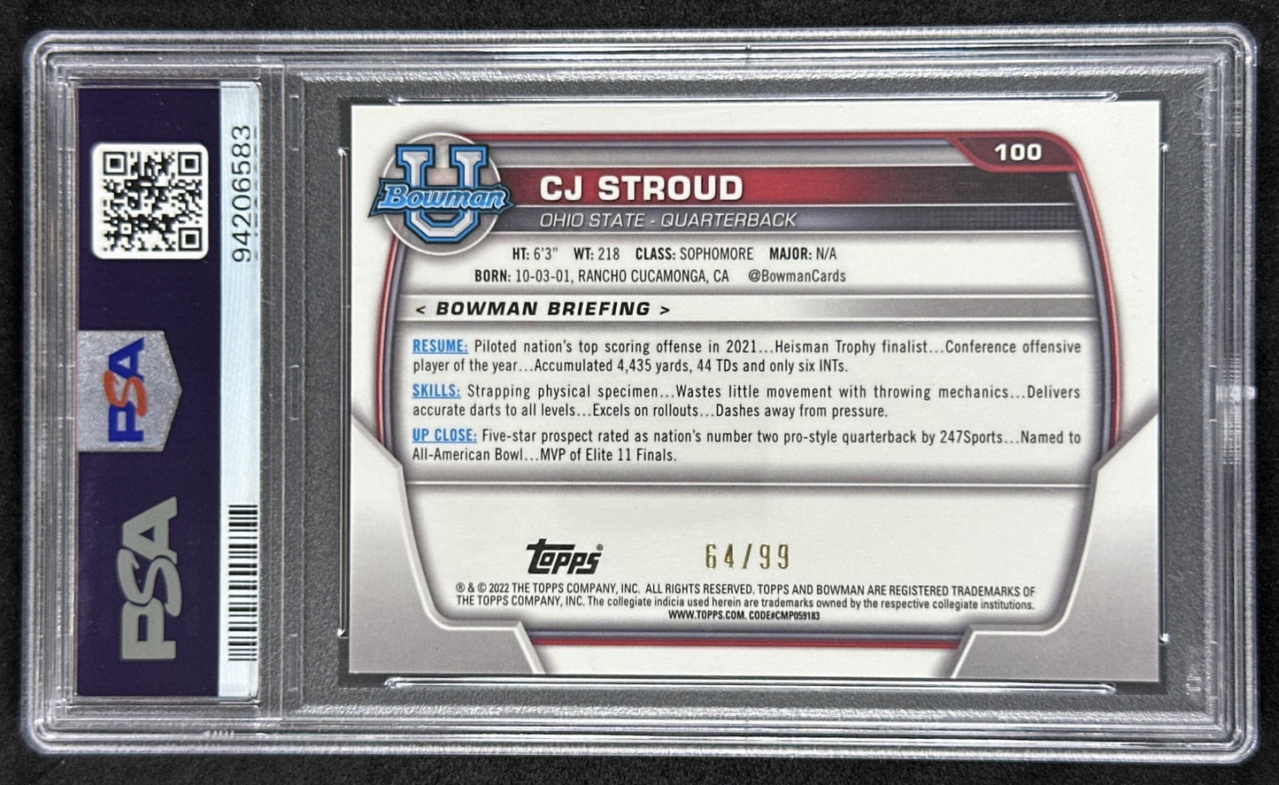 C.J. Stroud 2022 Bowman University Chrome Green Refractor /99 PSA 9