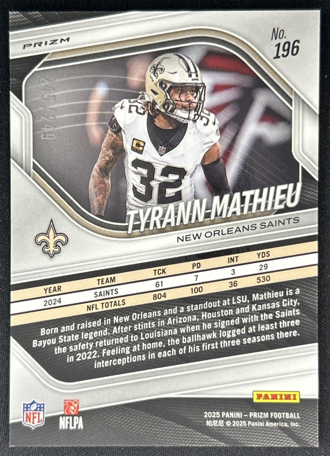 Tyrann Mathieu 2025 Panini Prizm Orange /249 Saints Back