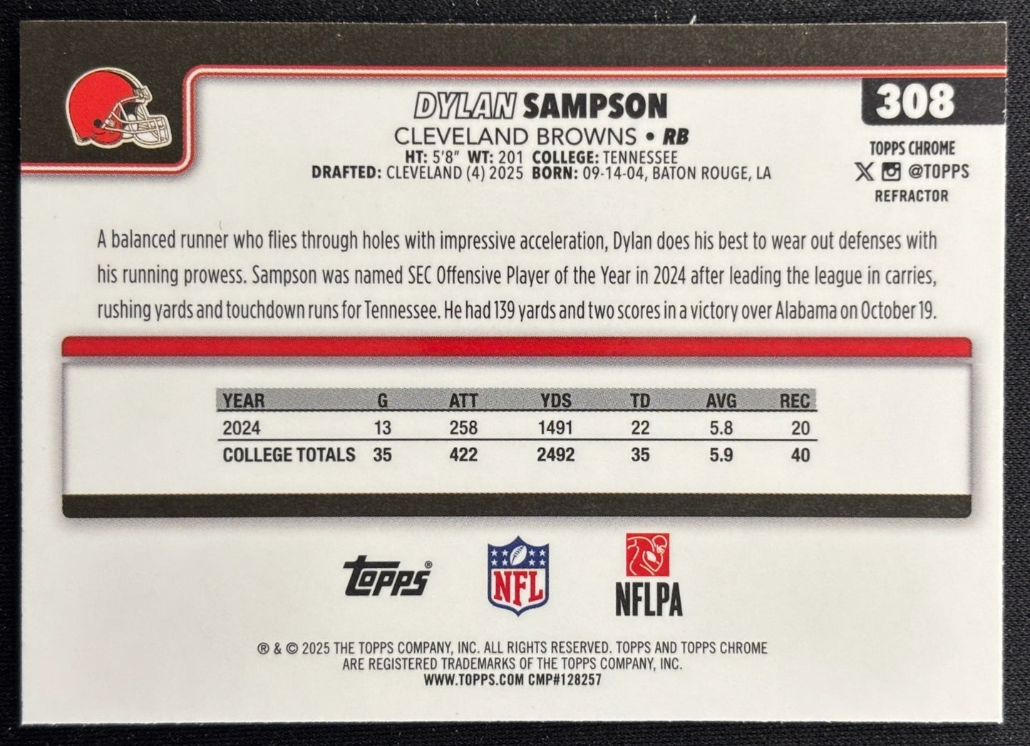 Dylan Sampson 2025 Topps Chrome Rookie Refractor Browns Sports Trading Cards