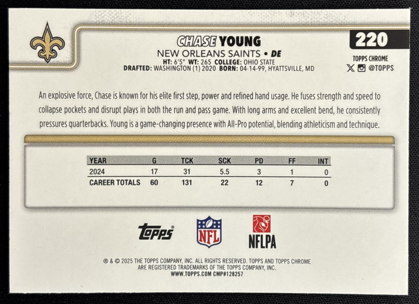 Chase Young 2025 Topps Chrome Teal Refractor /299 Saints back