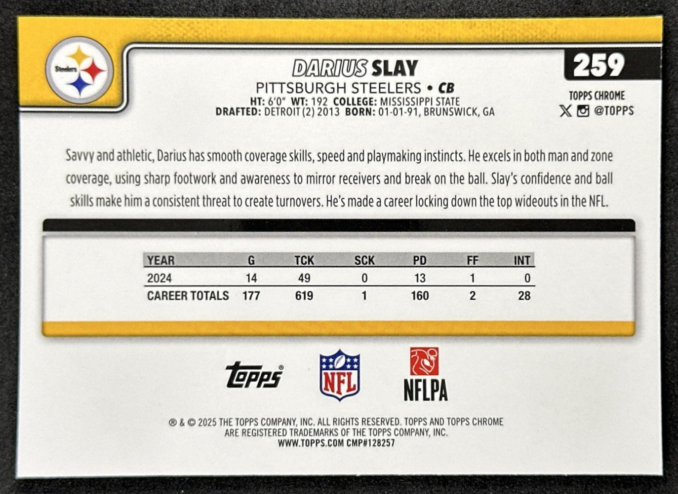 Darius Slay 2025 Topps Chrome Sapphire Steelers back