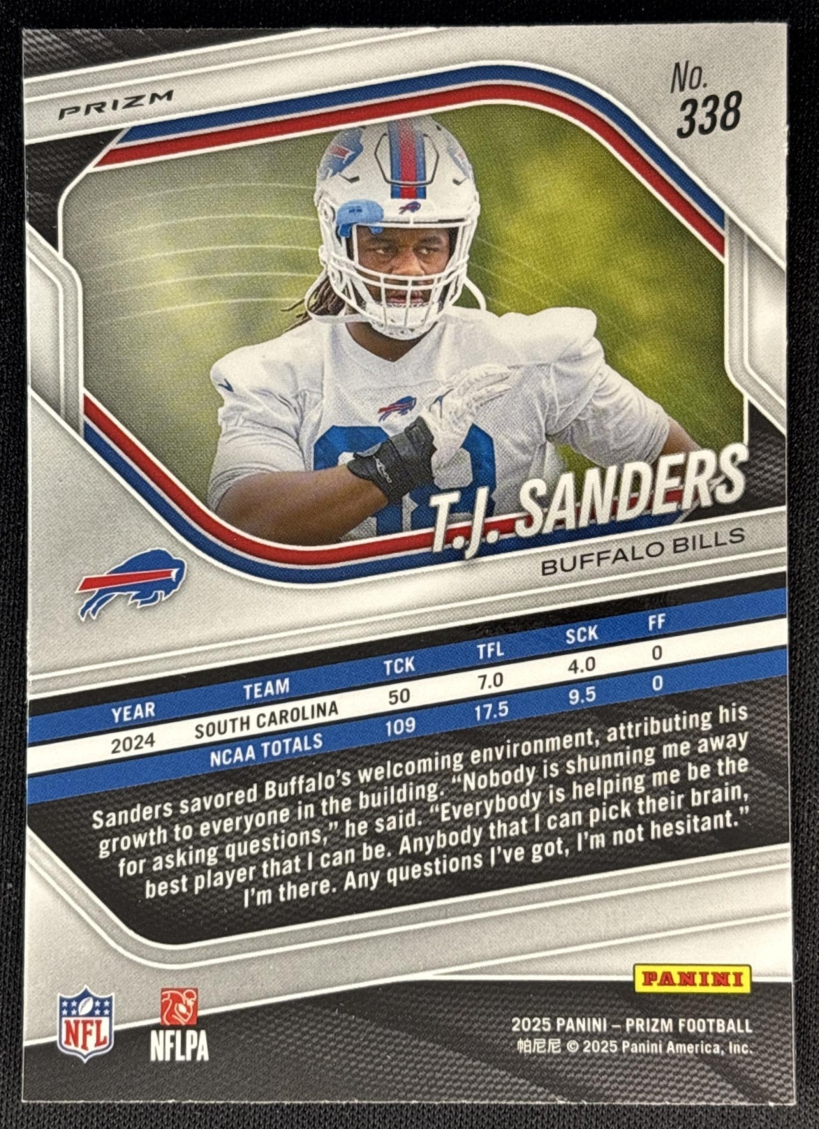 T.J. Sanders 2025 Panini Prizm Neon Green Pulsar Bills