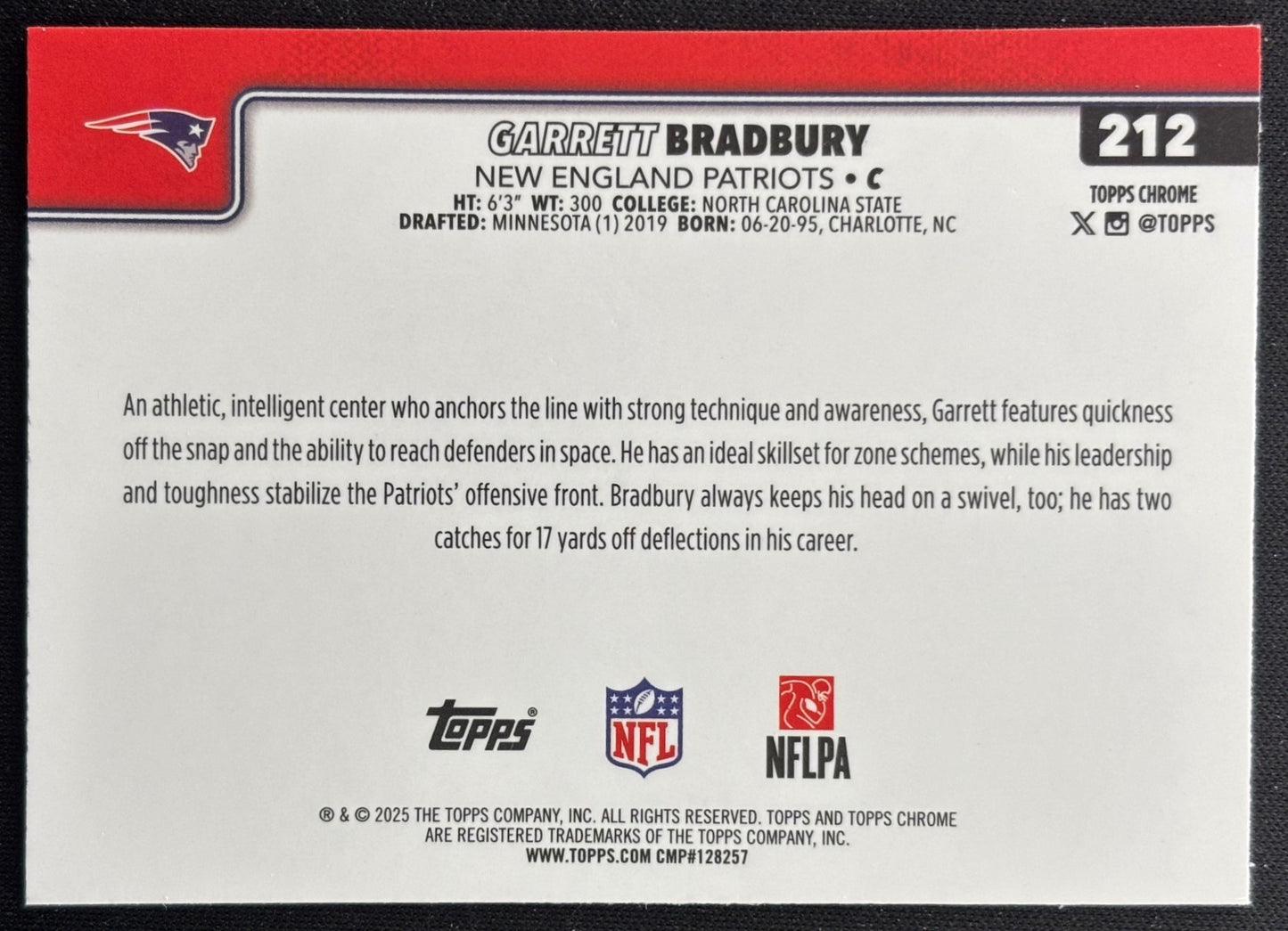 Garrett Bradbury 2025 Chrome RayWave Refractor Patriots Sports Trading Cards