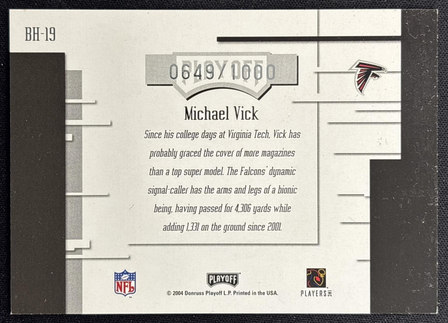 Michael Vick 2004 Playoff Absolute Memorabilia Boss Hoggs /1000 Falcons back