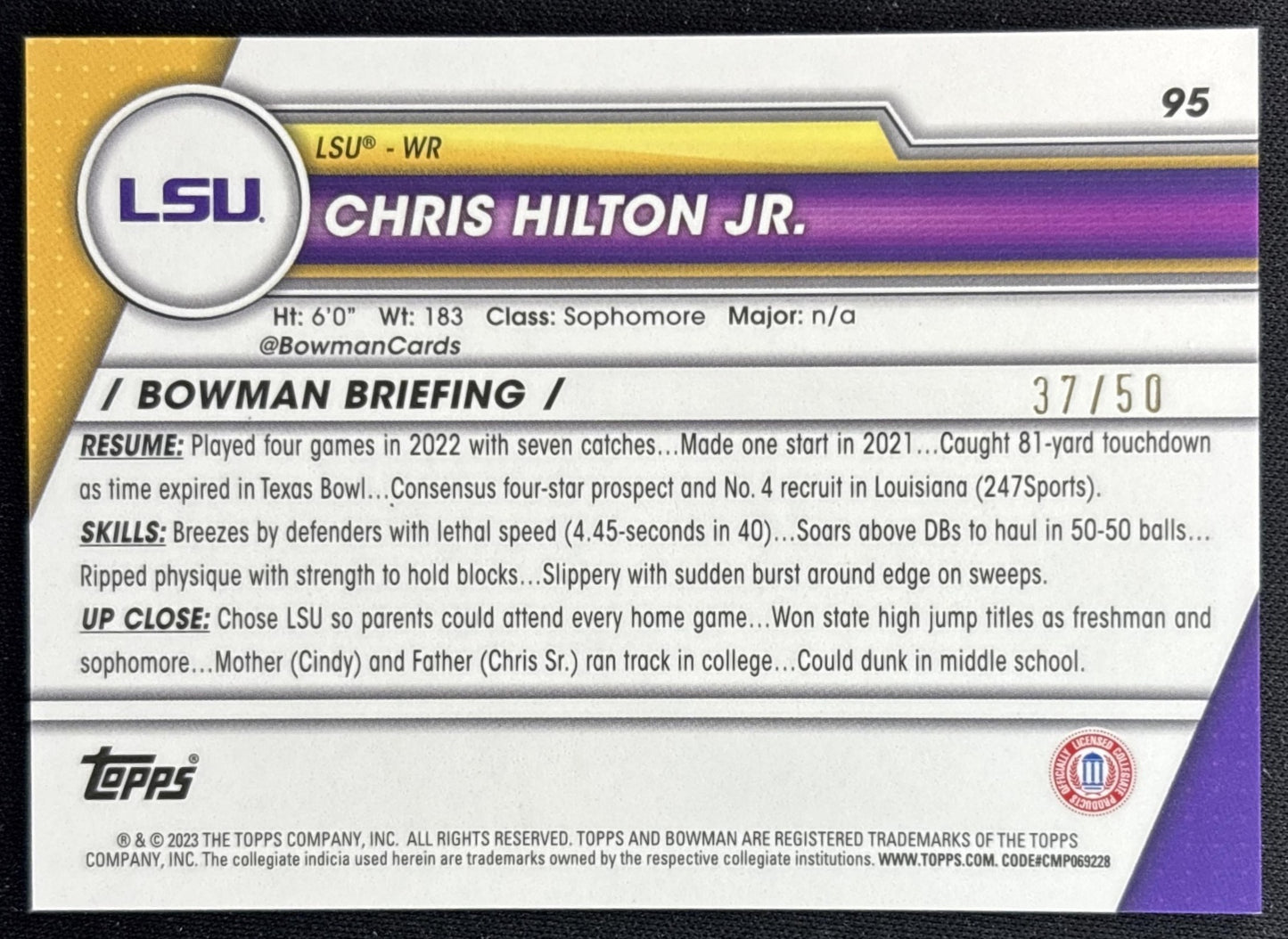 Chris Hilton Jr. 2023 Bowman University Chrome Sapphire Gold /50 Tigers Back