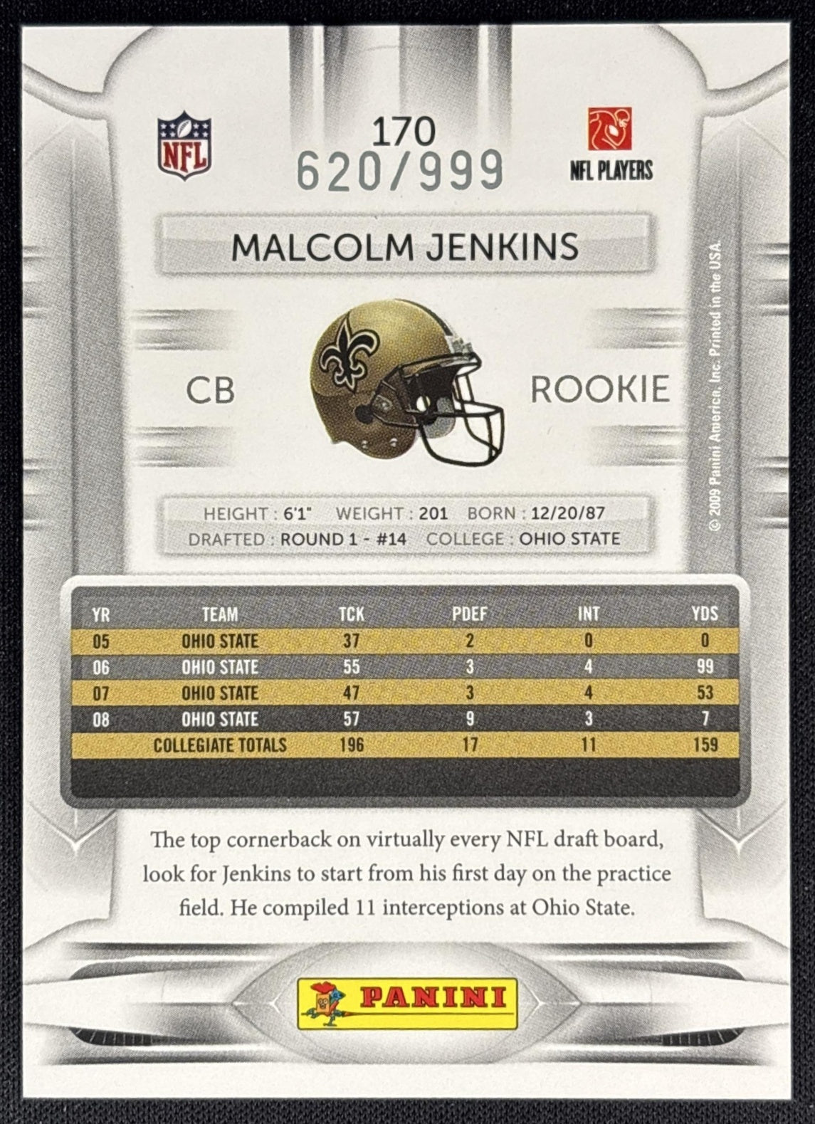 Malcolm Jenkins 2009 Panini Playoff Prestige Draft Picks Light Blue /999 Saints back