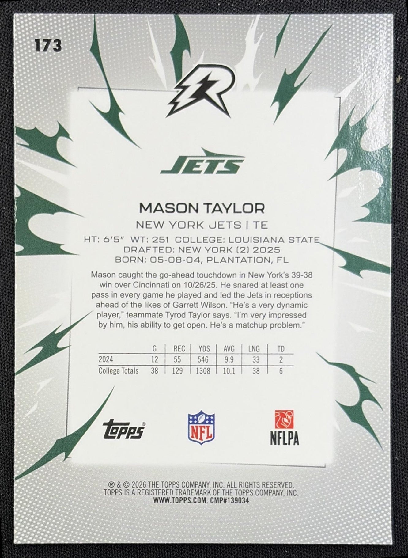 Mason Taylor 2025 Topps Resurgence Sky Blue and Pink Shock Refractor Jets