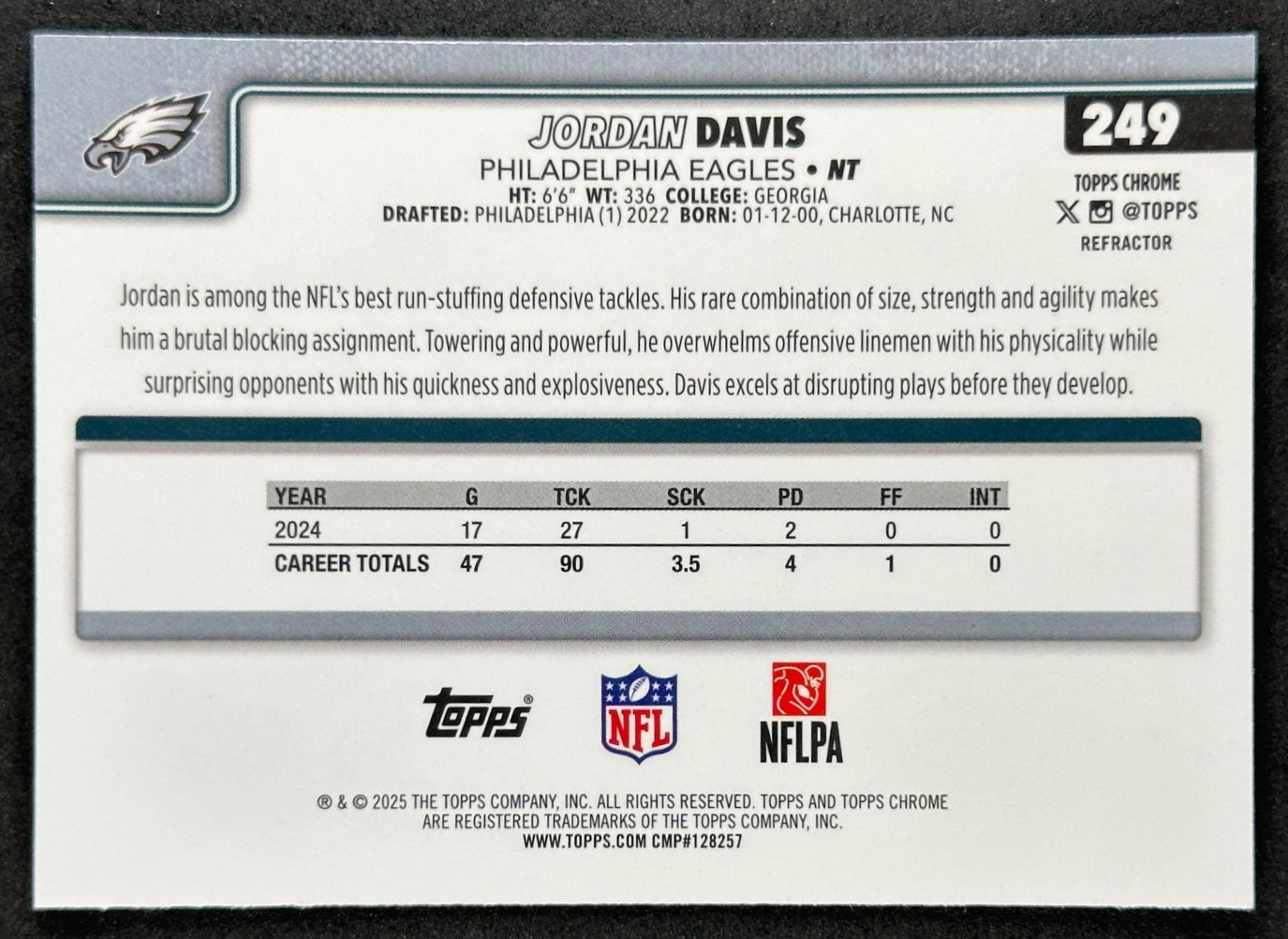 Jordan Davis 2025 Topps Chrome Refractor Eagles Sports Trading Cards