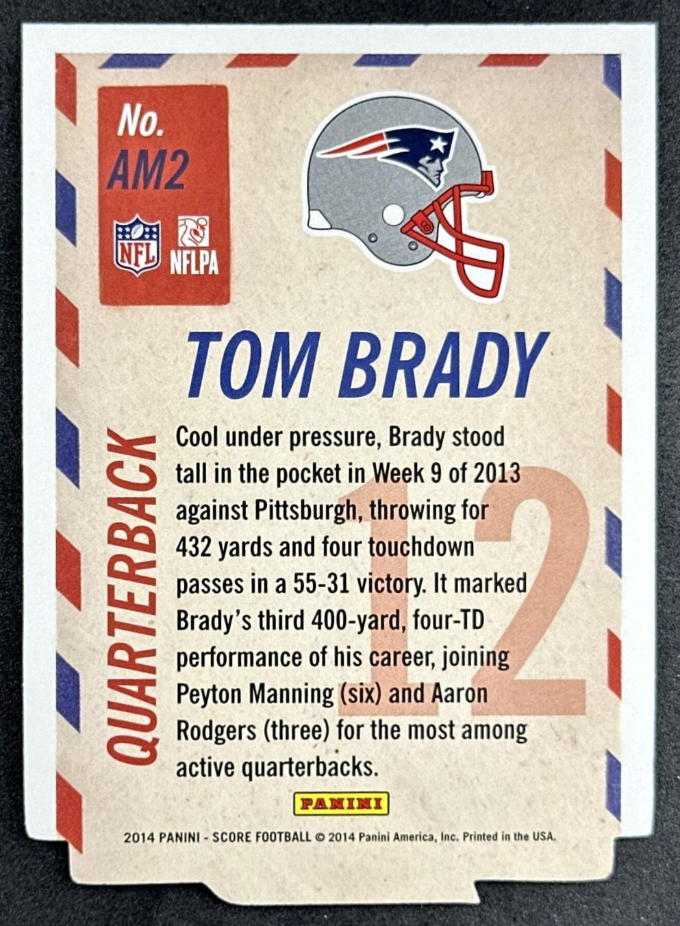 Tom Brady 2014 Panini Score Air Mail Blue Patriots Back