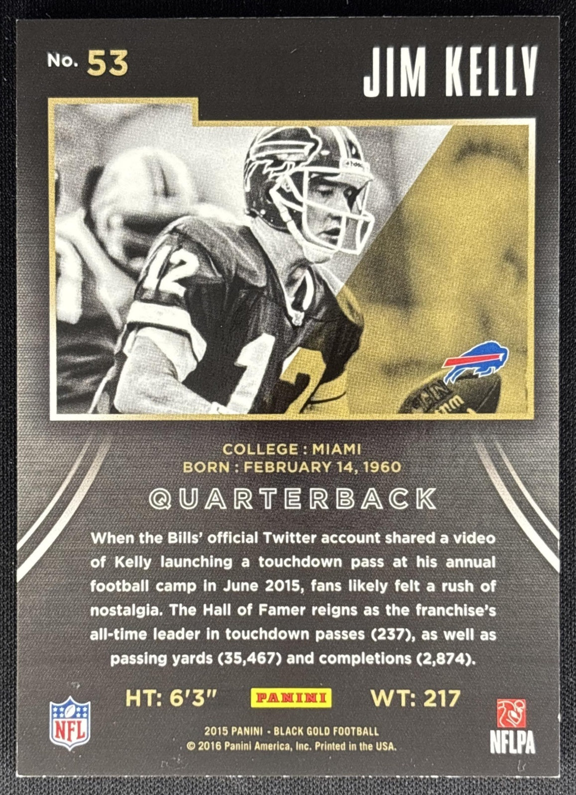Jim Kelly 2015 Panini Black Gold /199 Bills Sports Trading Cards