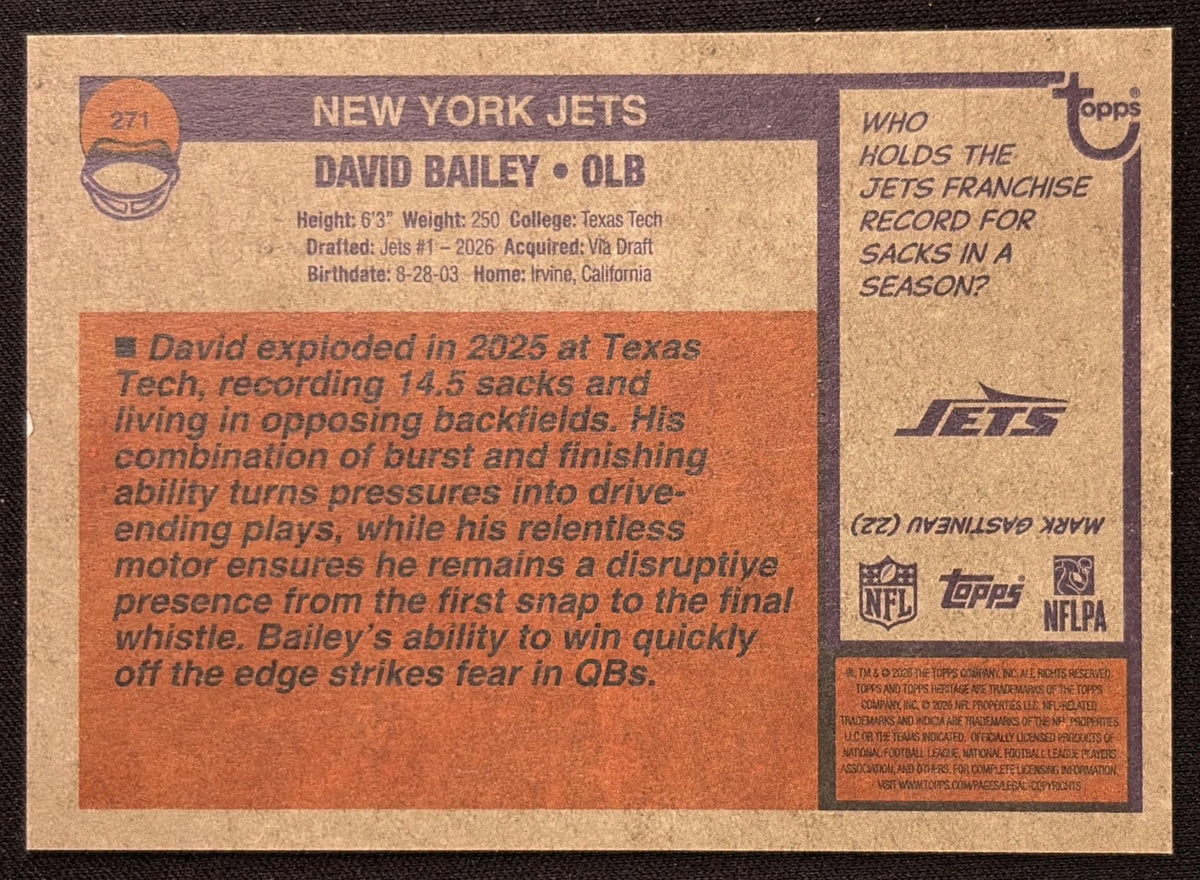 David Bailey 2026 Topps Heritage Dark Green Border Jets