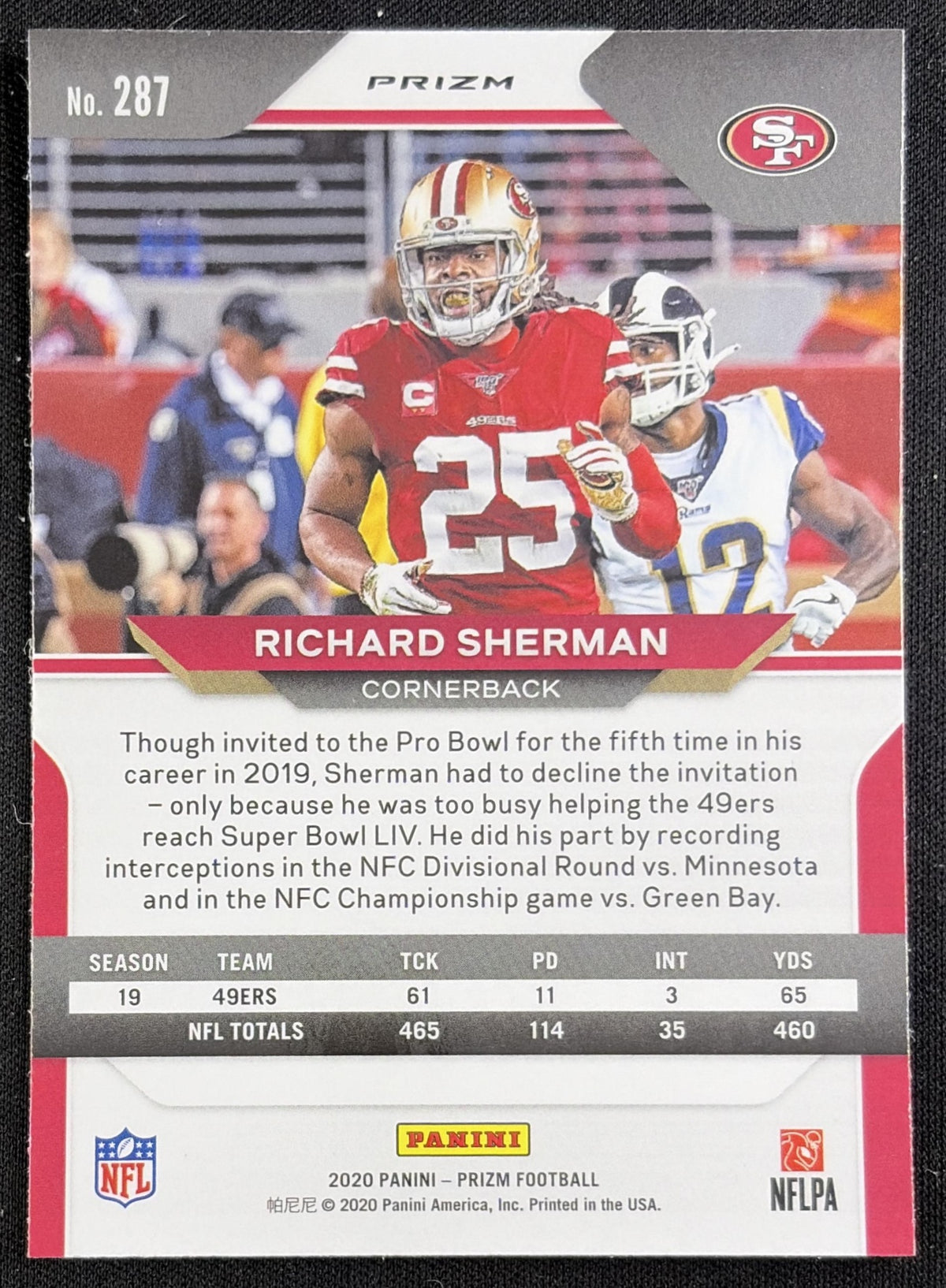 Richard Sherman 2020 Panini Prizm Red Ice 49ers Sports Trading Card