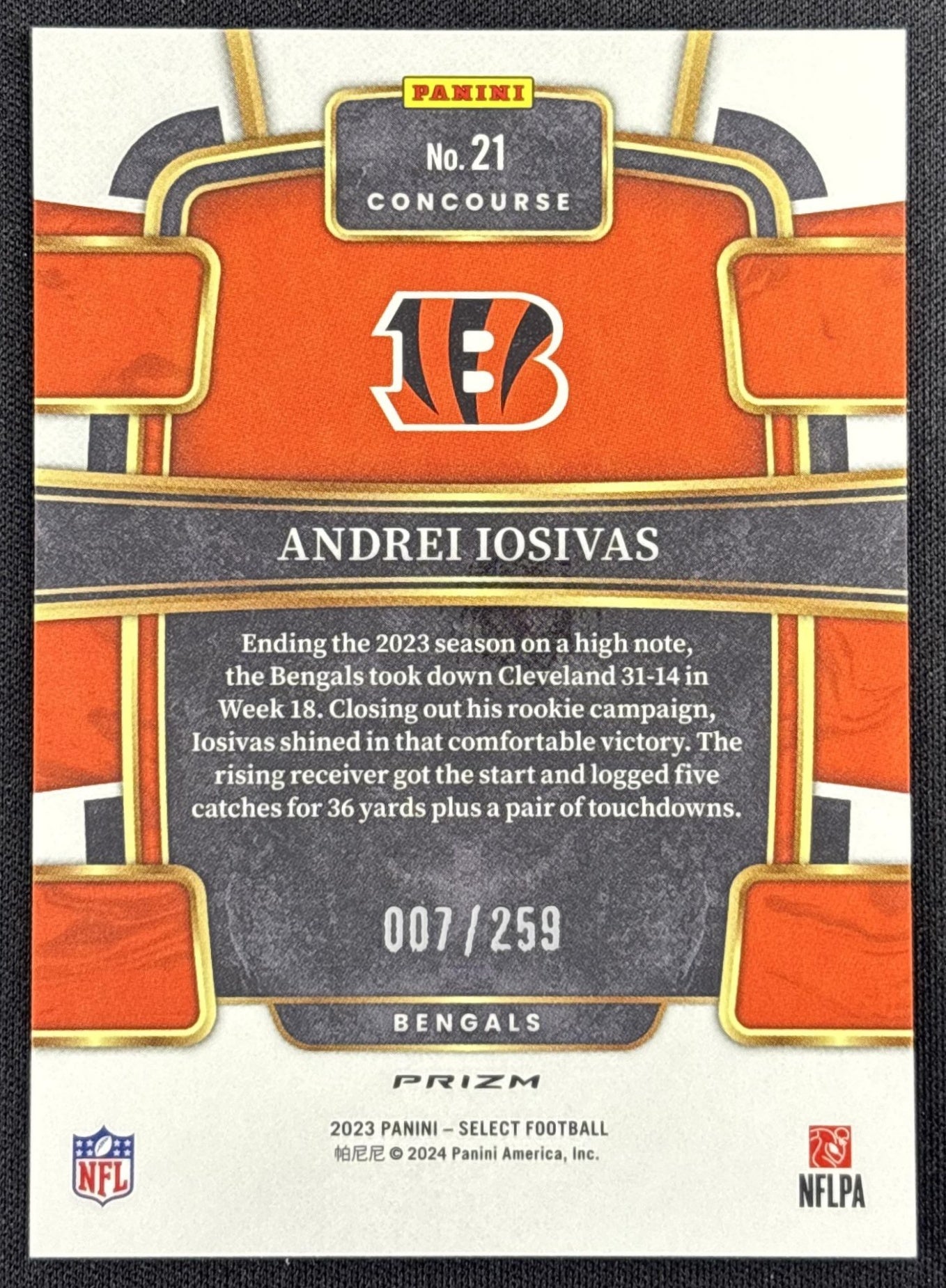 Andrei Iosivas 2023 Panini Select Tri Color Prizms /259 Bengals