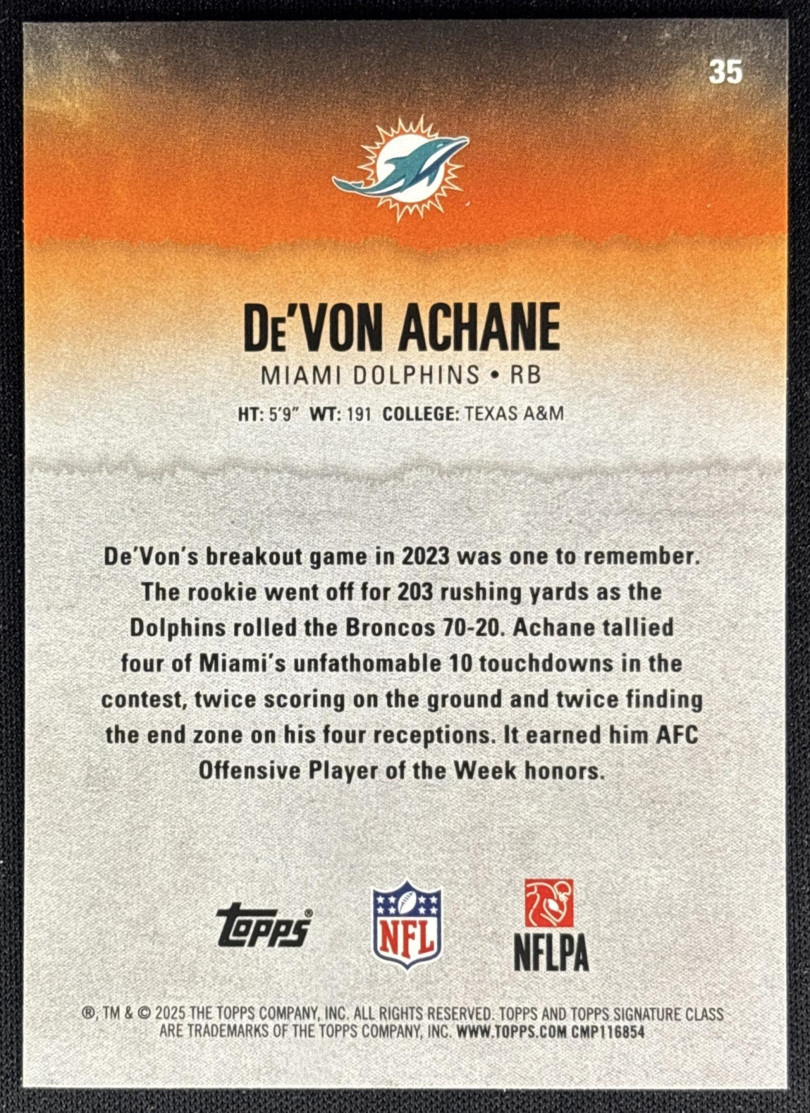 De'Von Achane 2025 Topps Signature Class Veteran Blue & Yellow Foil Dolphins Sports Trading Cards