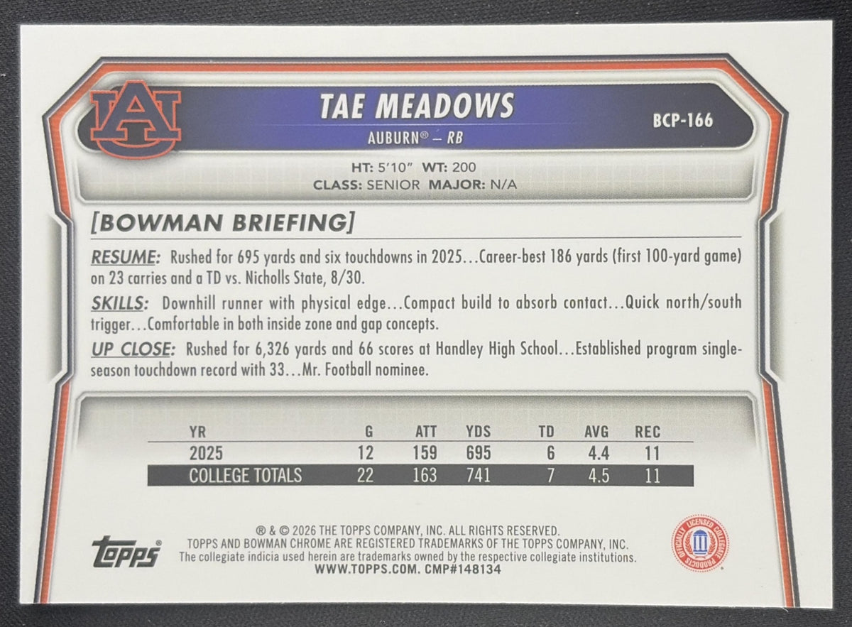 Tae Meadows 2026 Bowman Chrome Prospects Speckle Refractor Tigers