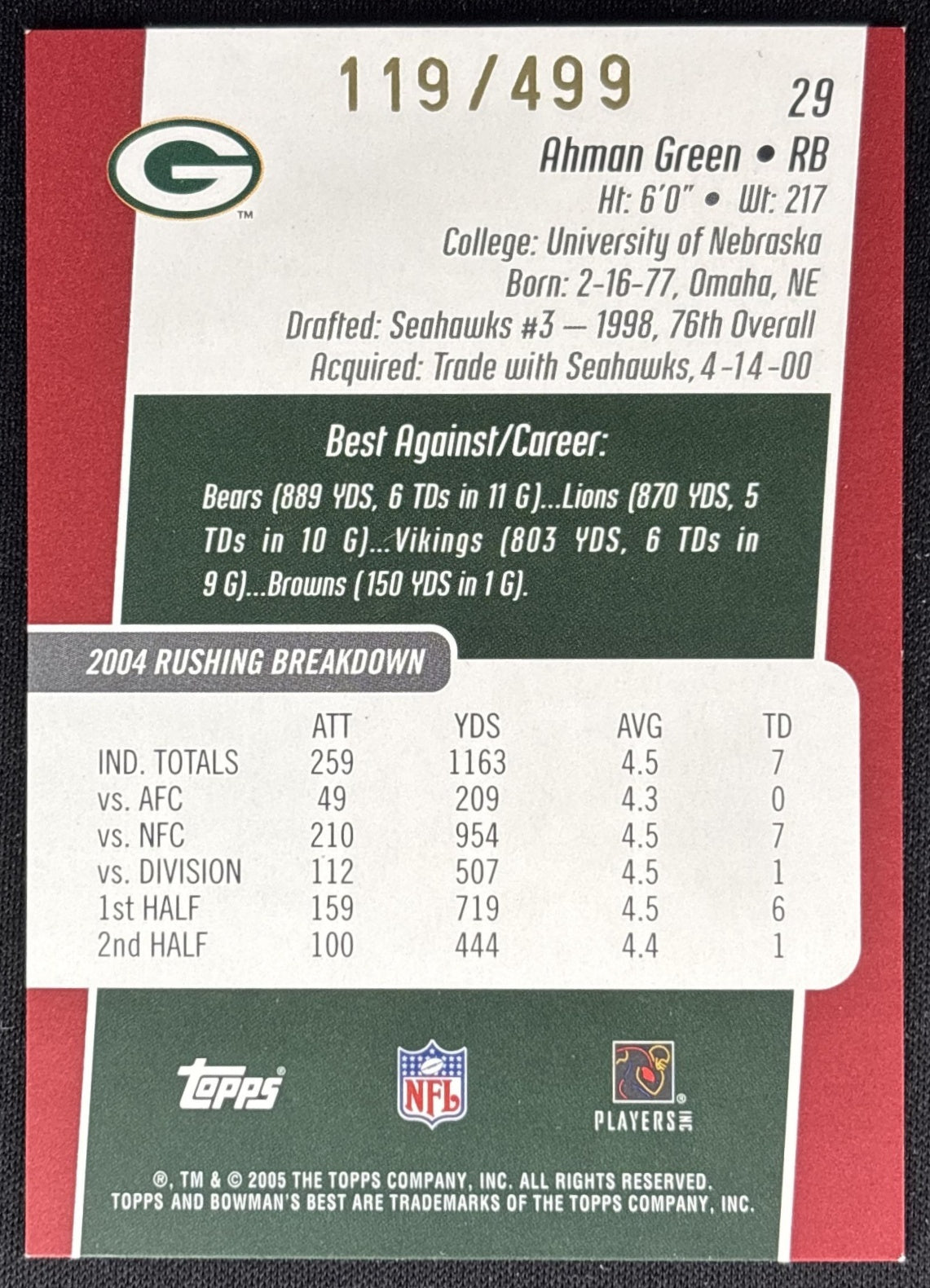 Ahman Green 2005 Bowman's Best Red /499 Packers Sports Trading Card