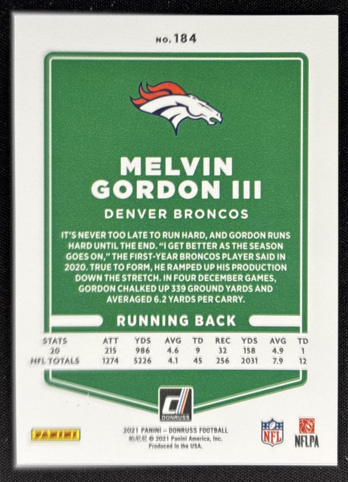 Melvin Gordon III 2021 Panini Donruss Press Proof Premium Broncos Sports Trading Card