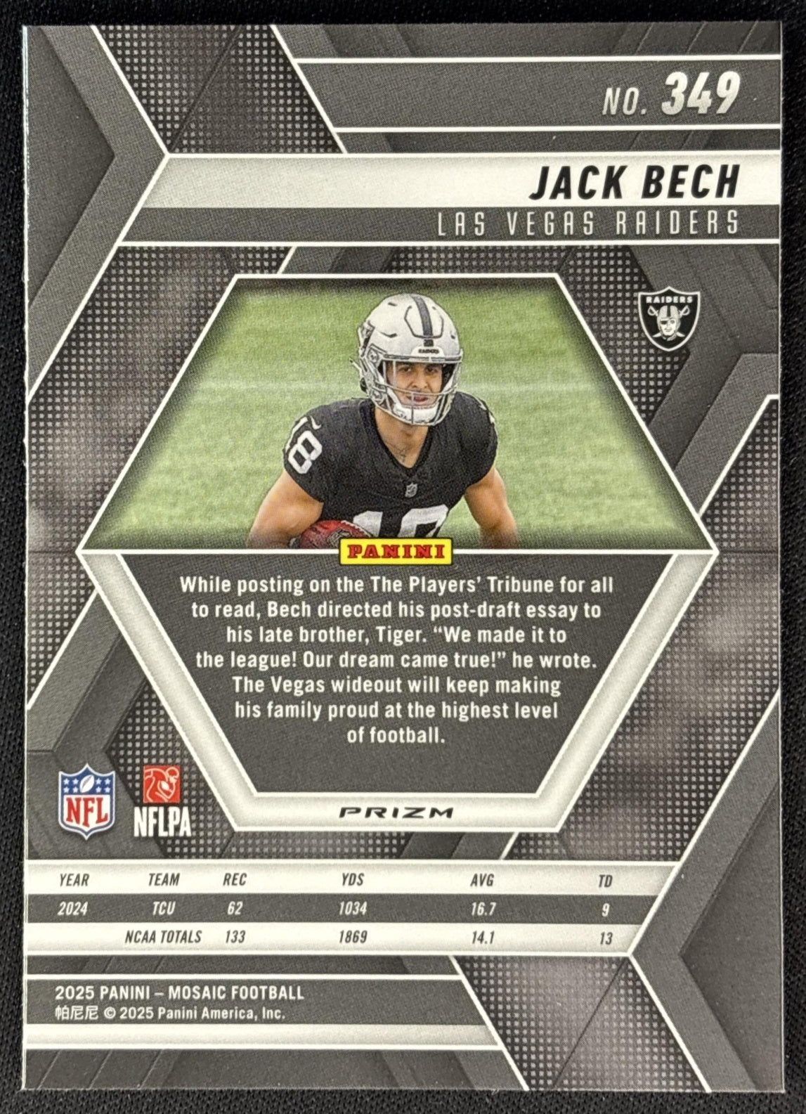 Jack Bech 2025 Panini Mosaic Rookies Camo Pink Prizm Raiders back
