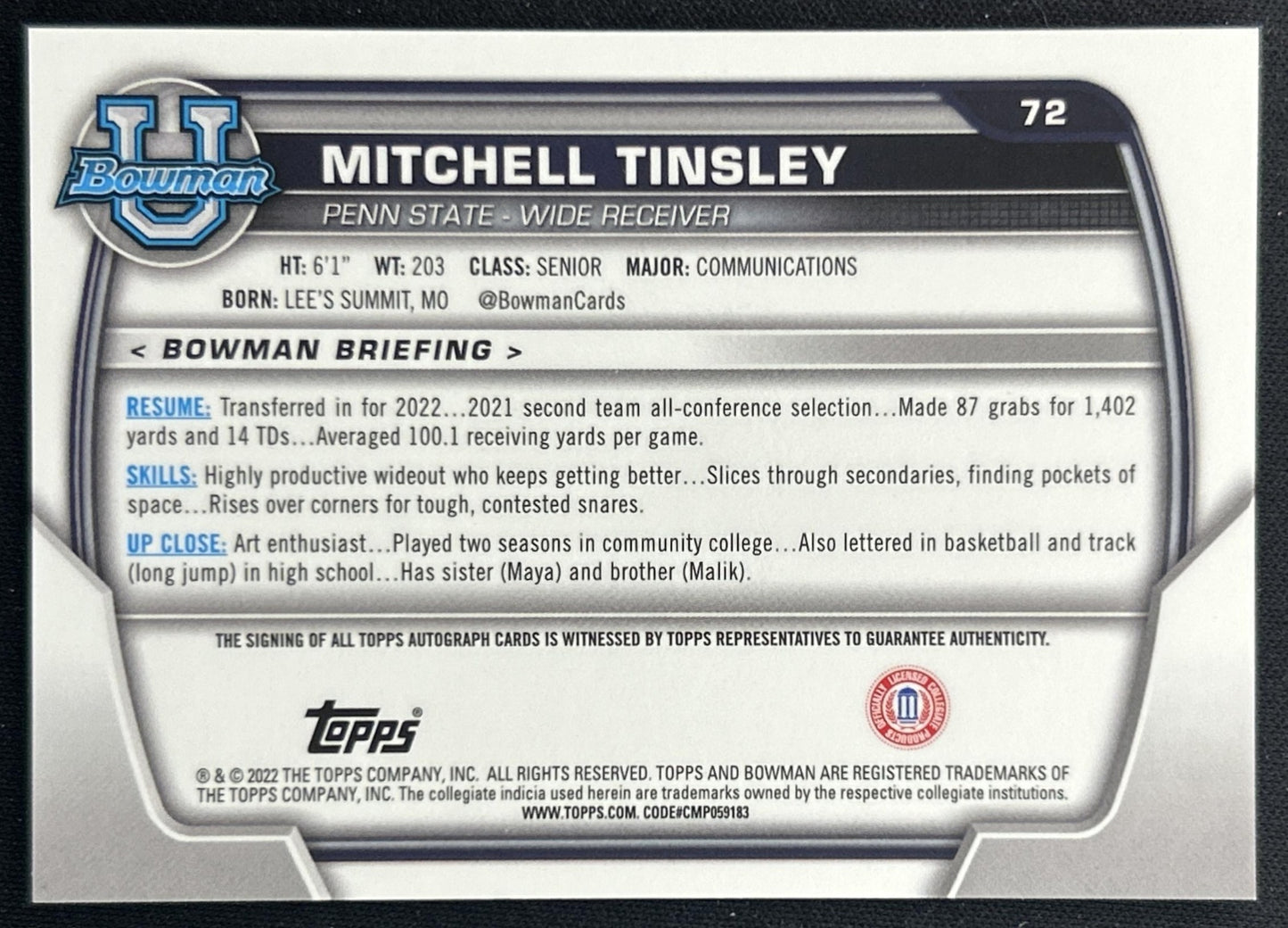 Mitchell Tinsley 2022 Bowman University Chrome Prospect Auto Nittany Lions Back