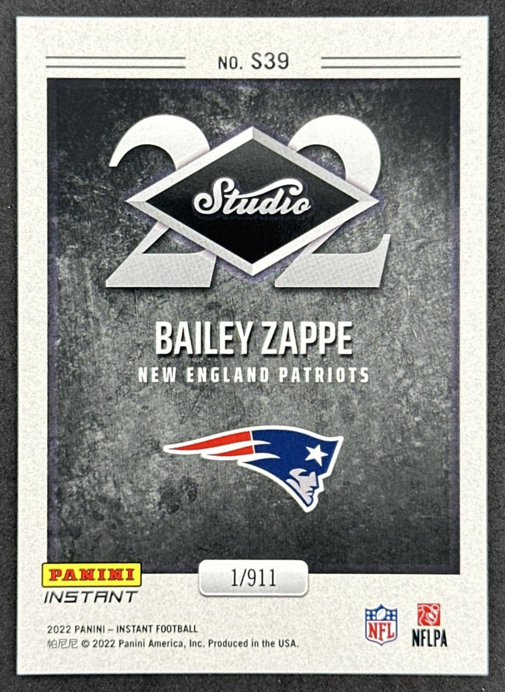 Bailey Zappe 2022 Panini Instant Studio Rookie /911 Patriots Jets back sports trading card