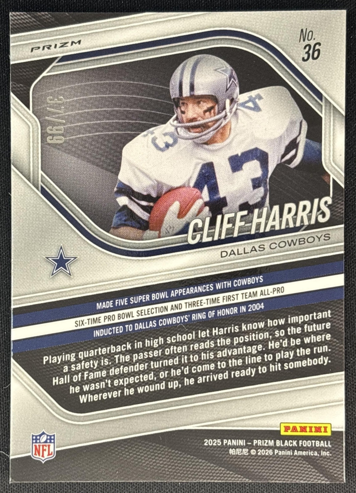Cliff Harris 2025 Panini Prizm Black Purple /99 Cowboys back