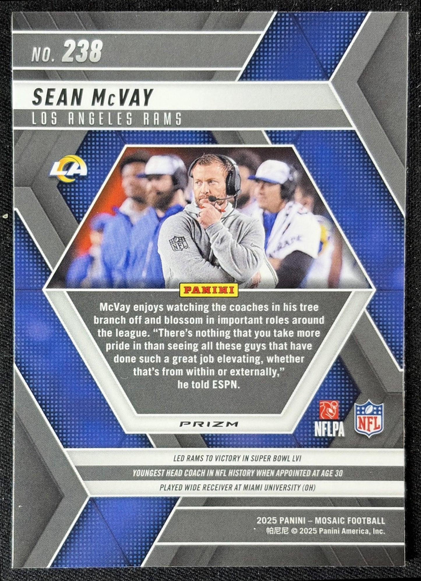 Sean McVay 2025 Panini Mosaic Reactive Purple Prizm Rams back
