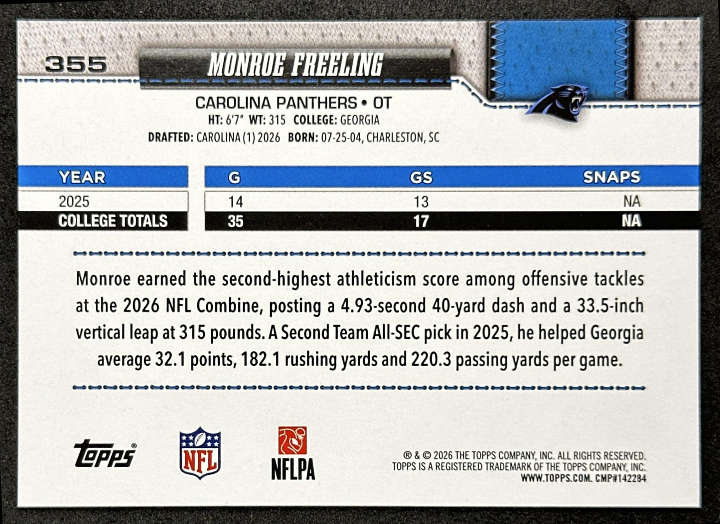 Monroe Freeling 2026 Topps Flagship Rookie Panthers Sports Trading Cards