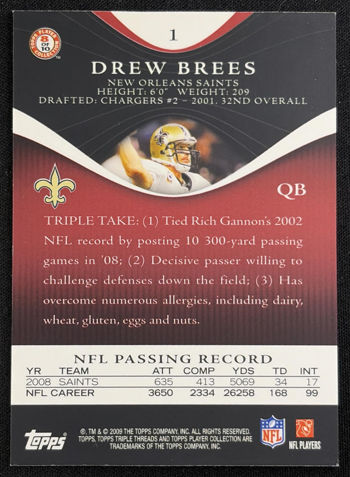 Drew Brees 2009 Topps Triple Threads /799 Saints sports trading card back