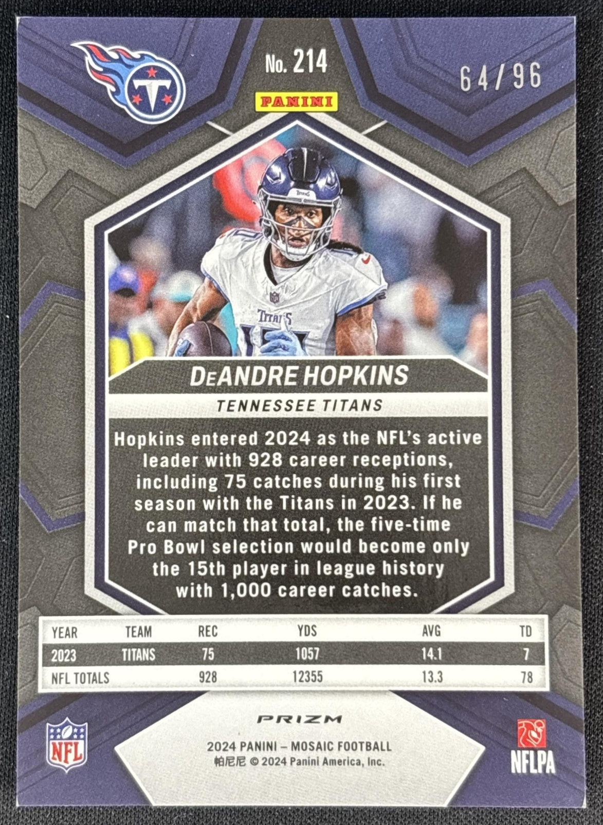DeAndre Hopkins 2024 Panini Mosaic Blue Sparkle Prizm /96 Titans back