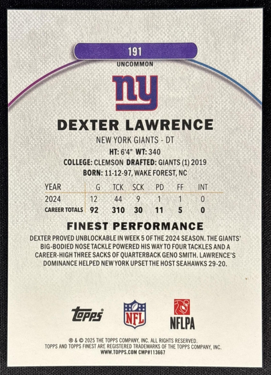 Dexter Lawrence 2025 Topps Finest Uncommon Green Geometric Refractor /35 Giants back