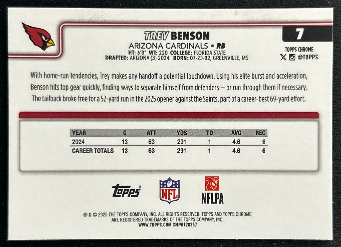 Trey Benson 2025 Topps Chrome Cardinals Sports Trading Cards