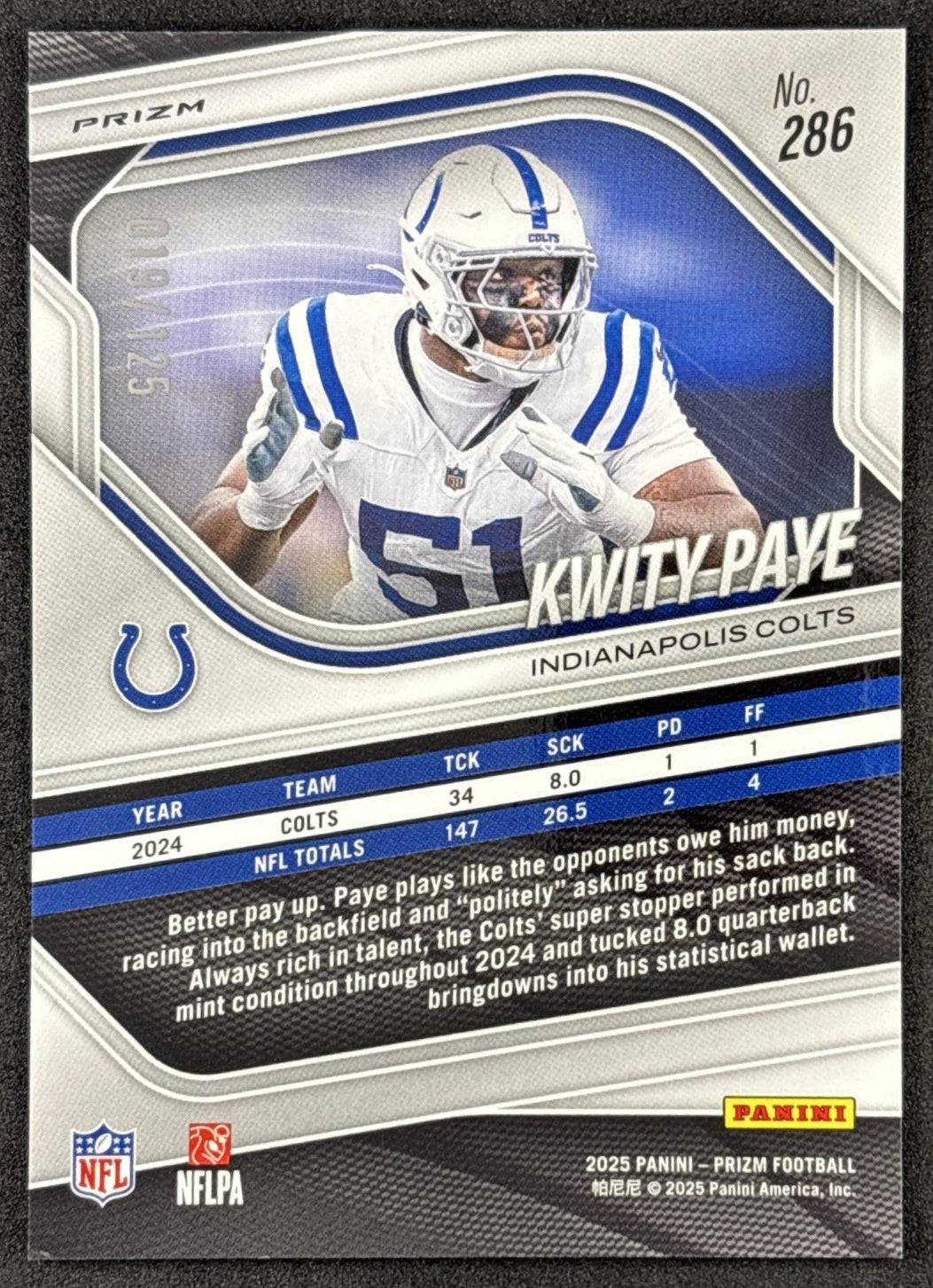 Kwity Paye 2025 Panini Prizm Purple /125 Colts back