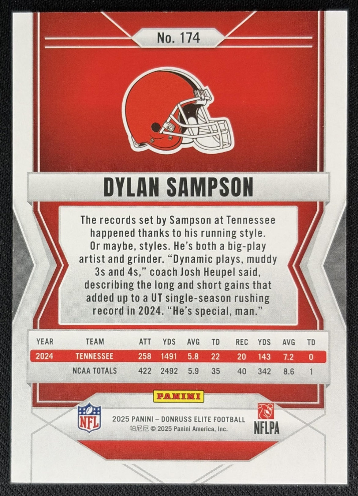 Dylan Sampson 2025 Panini Donruss Elite Rookies Orange /199 Browns Back