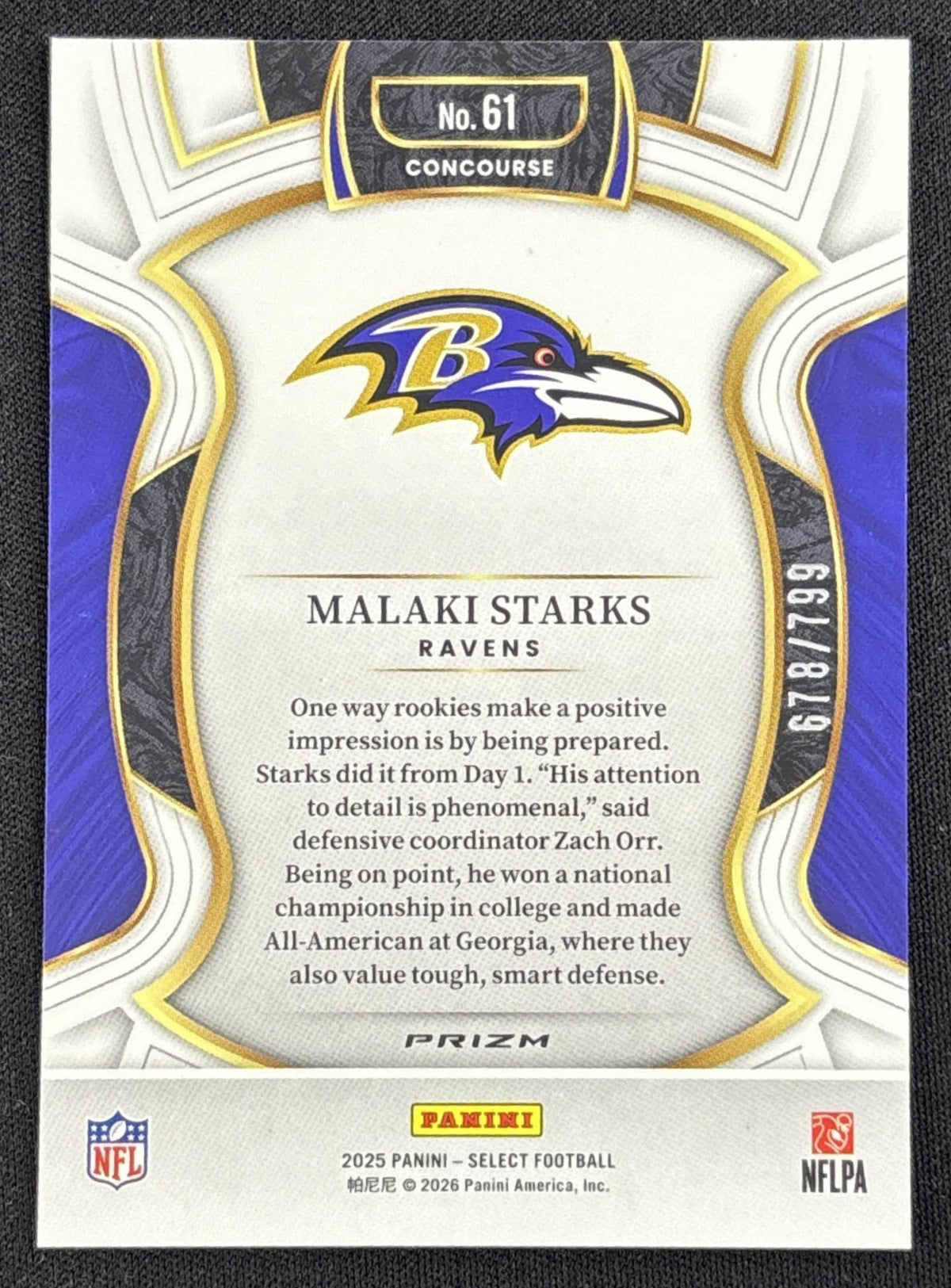 Malaki Starks 2025 Panini Select Concourse White Prizm Shock /799 Ravens