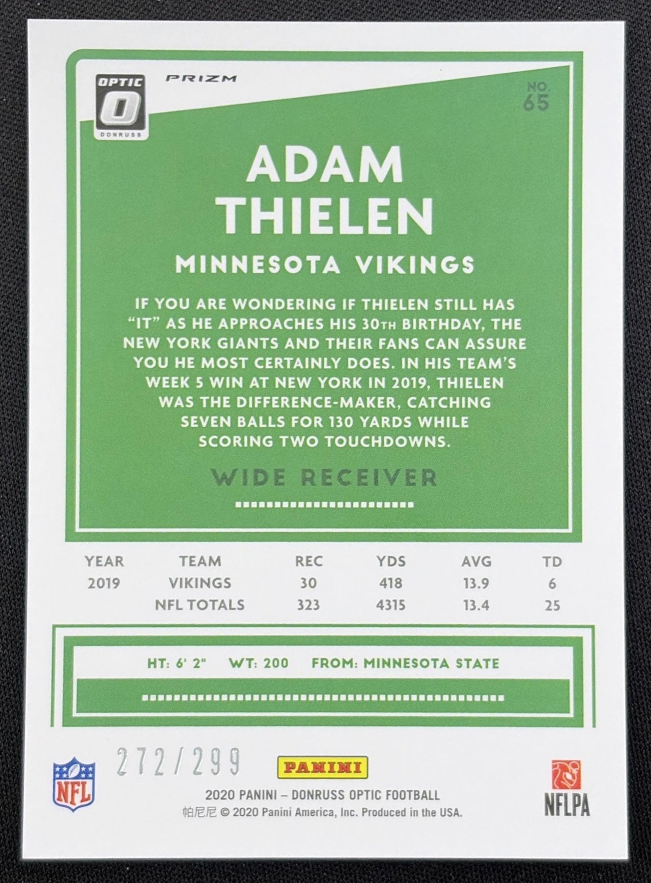 Adam Thielen 2020 Panini Donruss Optic Aqua Prizm /299 Vikings Minnesota Vikings