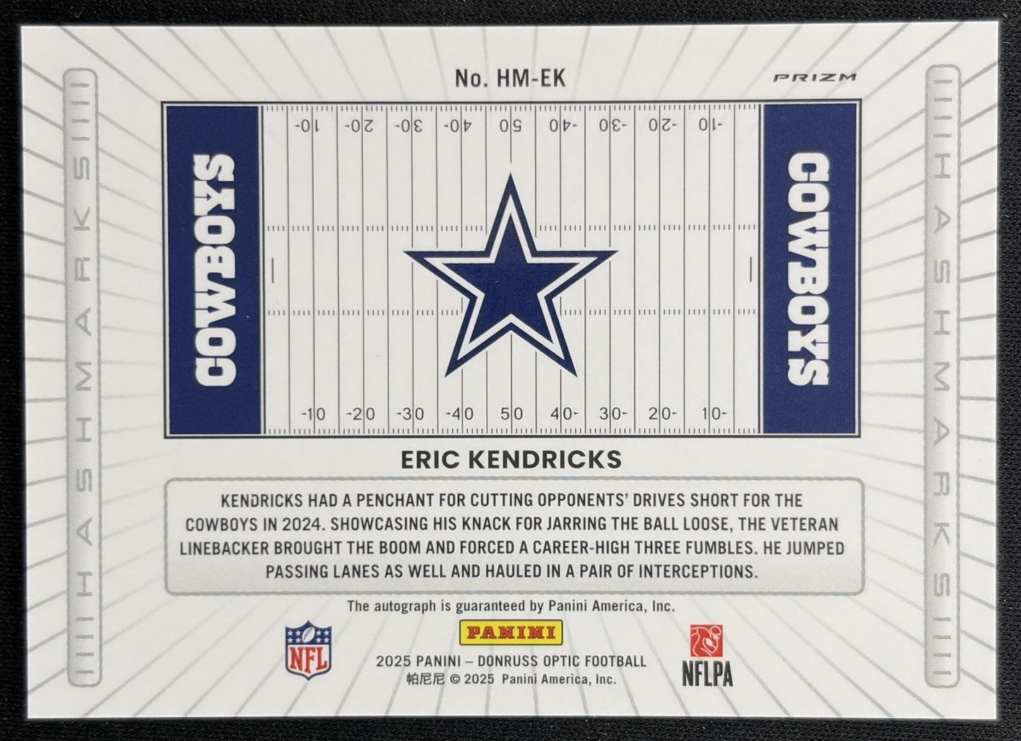 Eric Kendricks 2025 Panini Donruss Optic Hash Mark Auto Holo Prizm Cowboys Sports Trading Cards