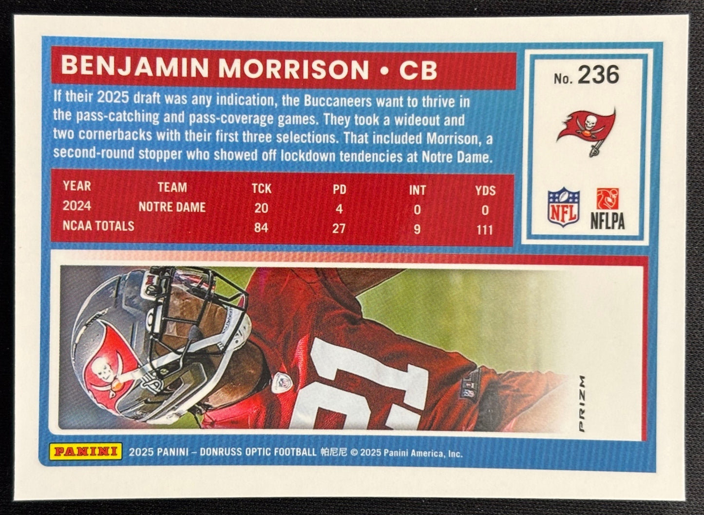 Benjamin Morrison 2025 Panini Donruss Optic Rated Rookie Stars Prizm Buccaneers Sports Trading Cards
