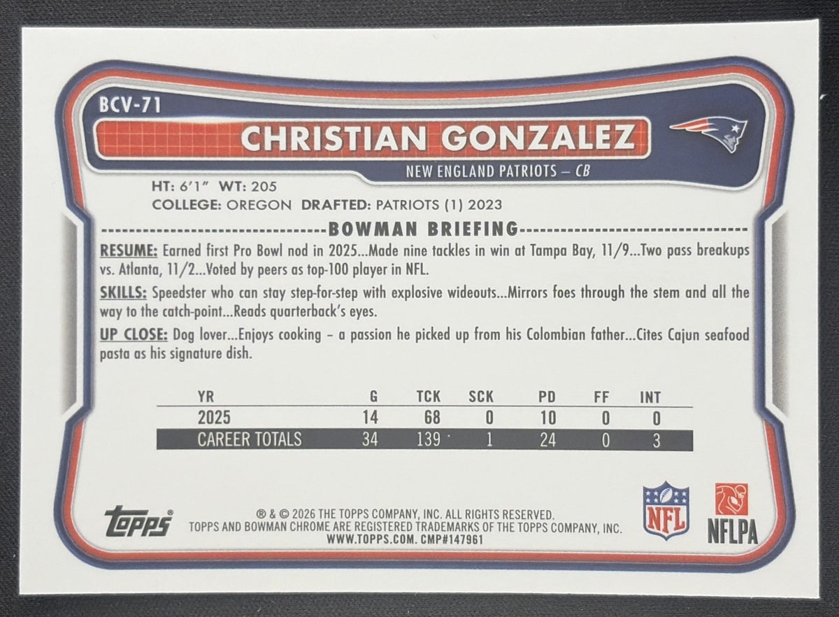 Christian Gonzalez 2026 Bowman Chrome NFL Mojo Refractor Patriots