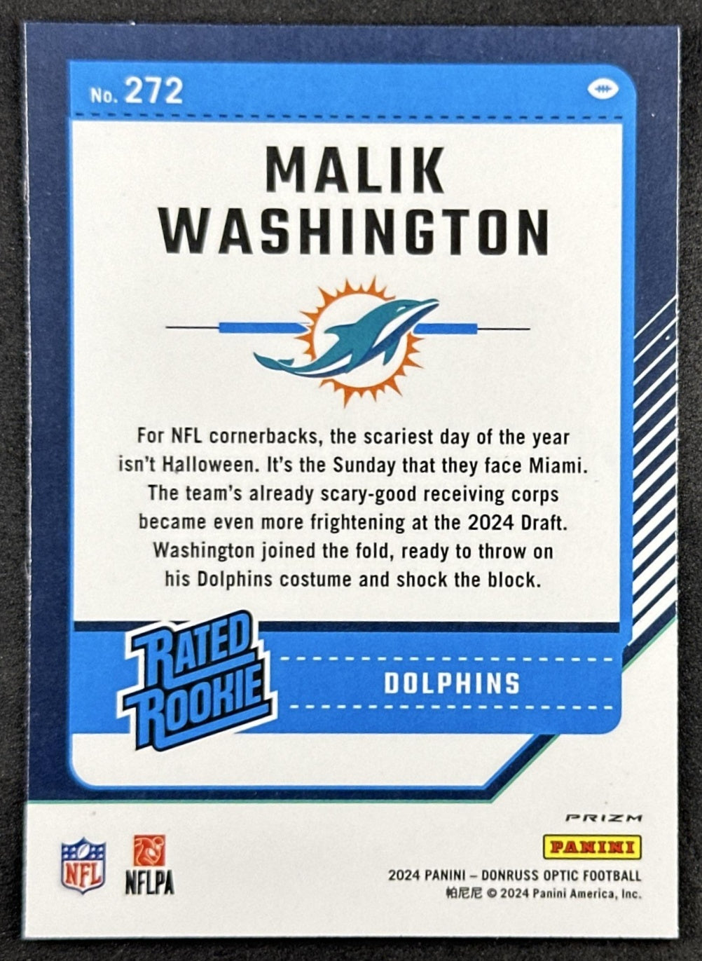 Malik Washington 2024 Panini Donruss Optic Purple Shock Dolphins Back