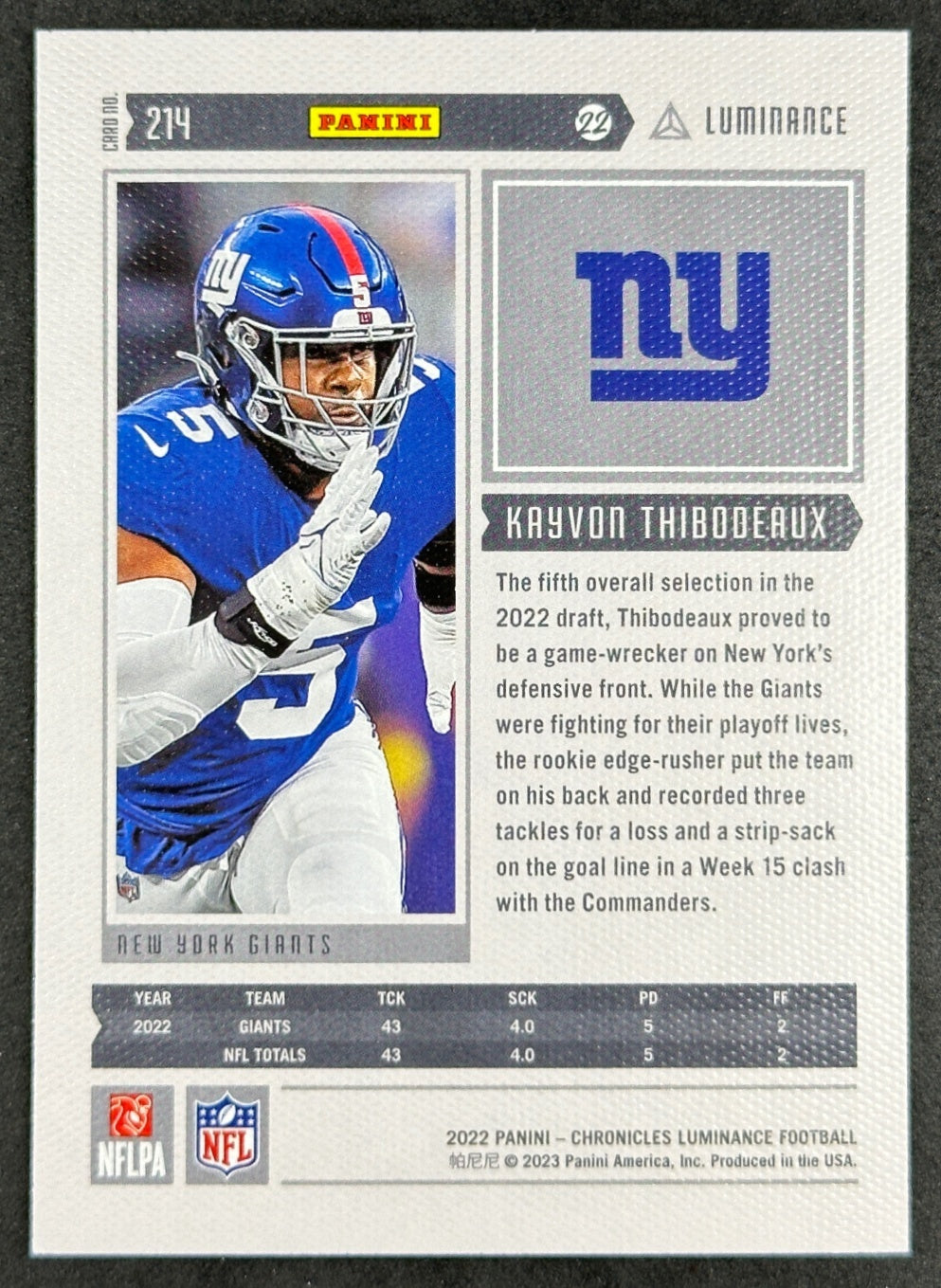 Kayvon Thibodeaux 2022 Chronicles Luminance Update Rookies Giants Sports Trading Card