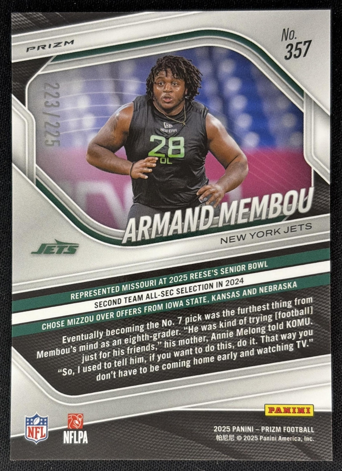 Armand Membou 2025 Panini Prizm Purple Ice /225 Jets Sports Trading Cards