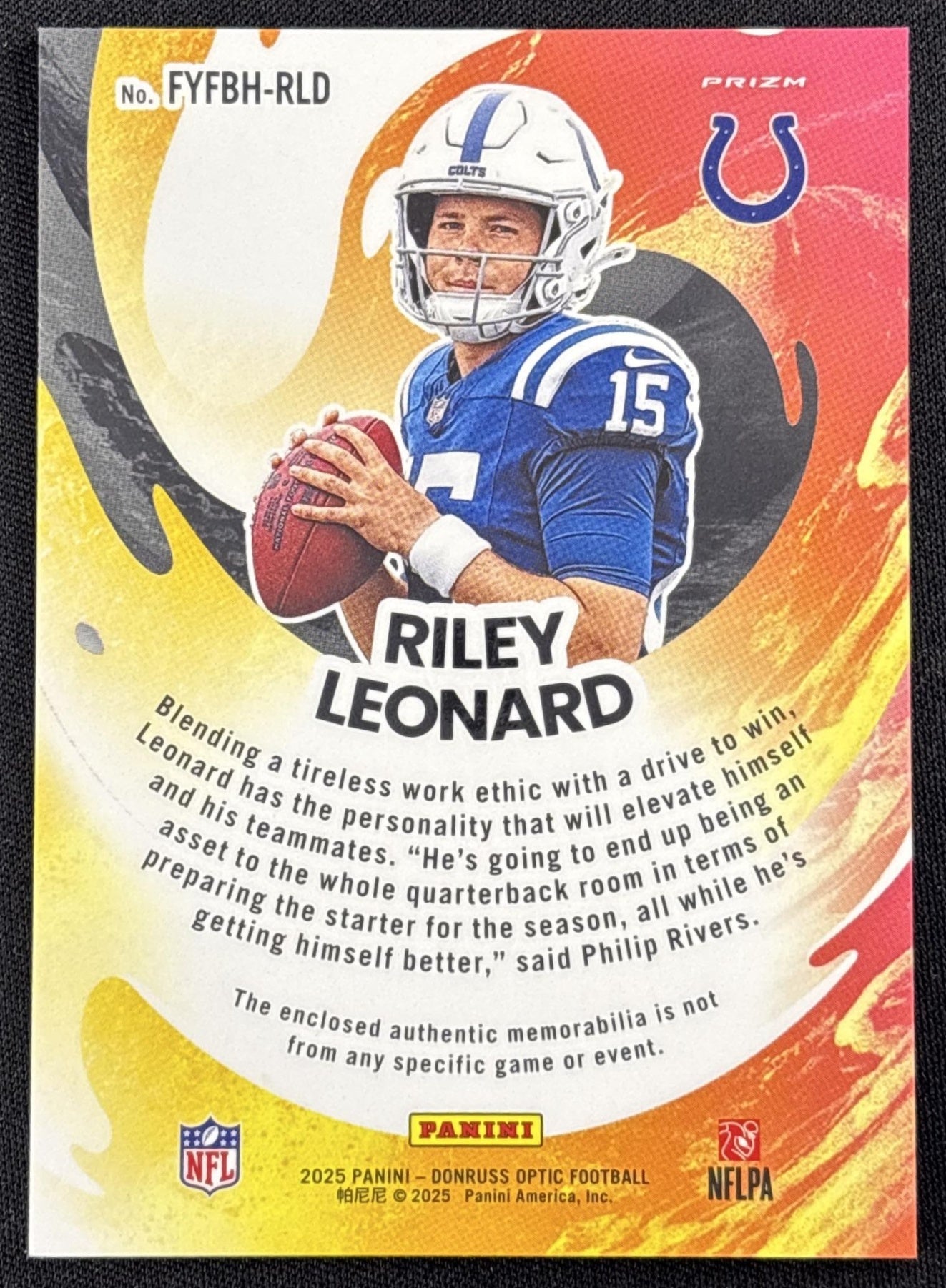 Riley Leonard 2025 Panini Donruss Optic First Year Fresh Blue Hyper Prizm Colts
