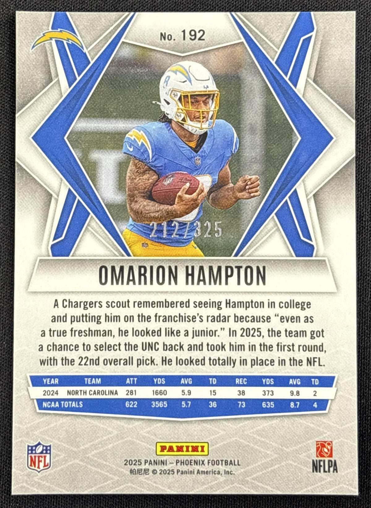 Omarion Hampton 2025 Panini Phoenix Light Blue Lava Prizm /325 Chargers