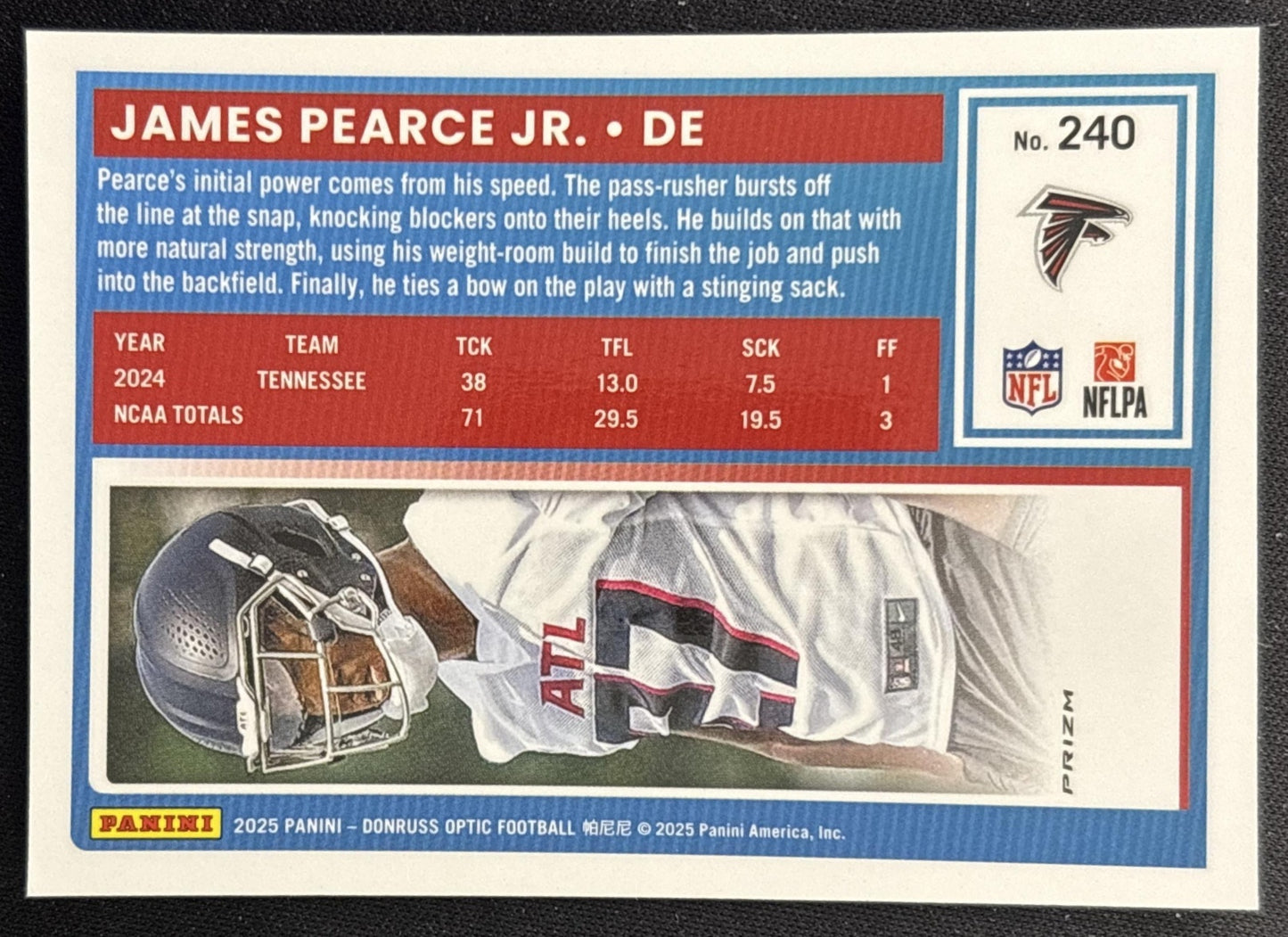 James Pearce Jr. 2025 Donruss Optic Rated Rookie Purple Shock Prizm Falcons back