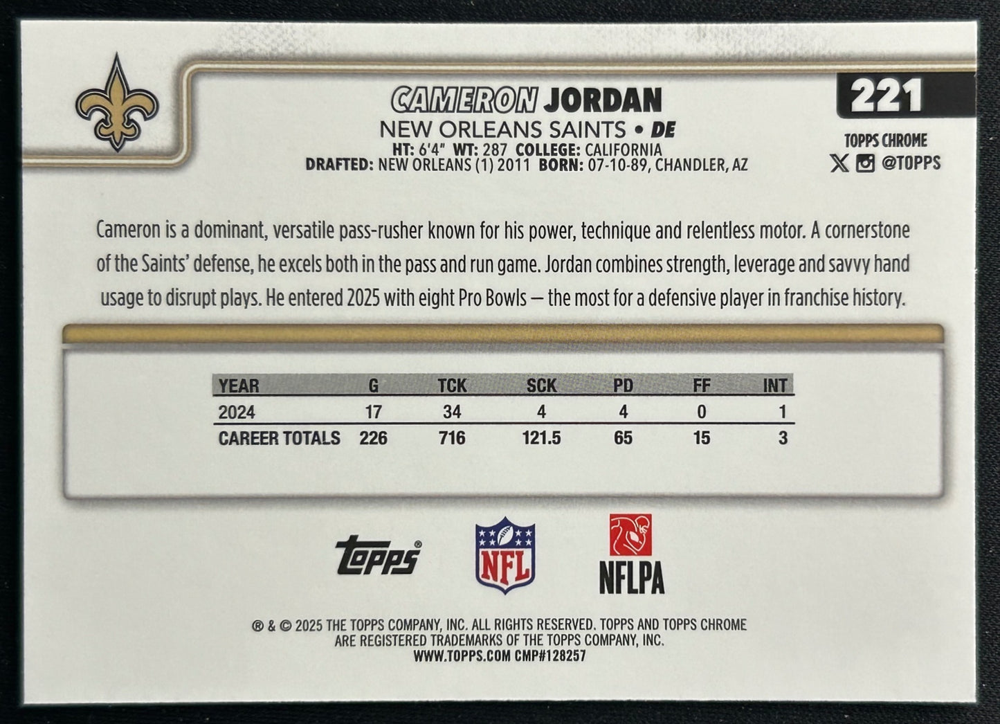 Cameron Jordan 2025 Topps Chrome Saints Sports Trading Cards