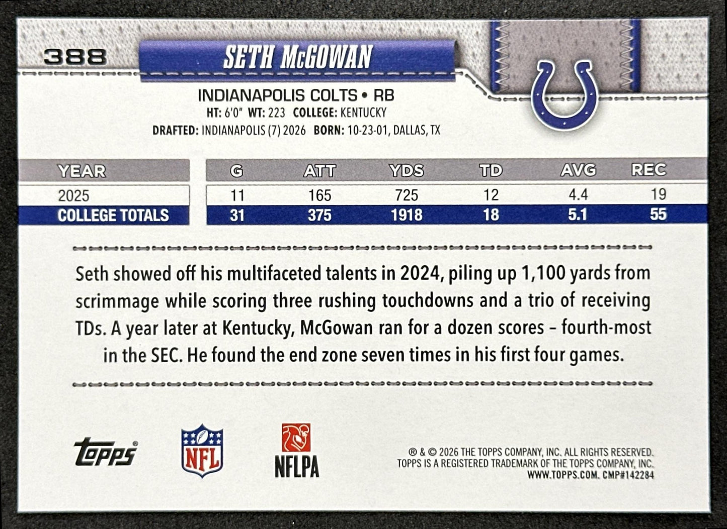 Seth McGowan 2026 Topps Flagship Rookie Colts Sports Trading Cards