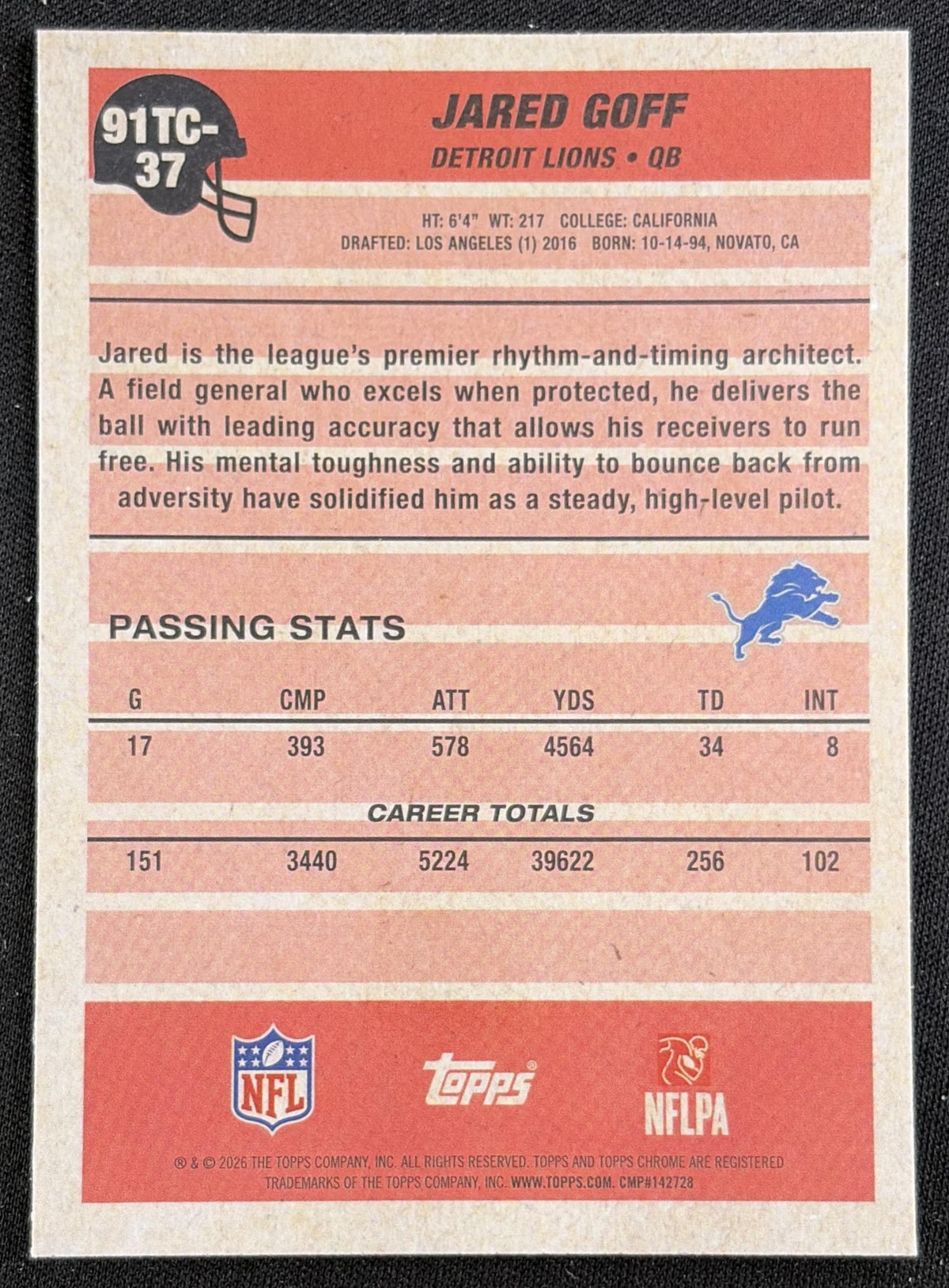 Jared Goff 2026 Topps 1991 Chrome Mojo Refractor Lions back