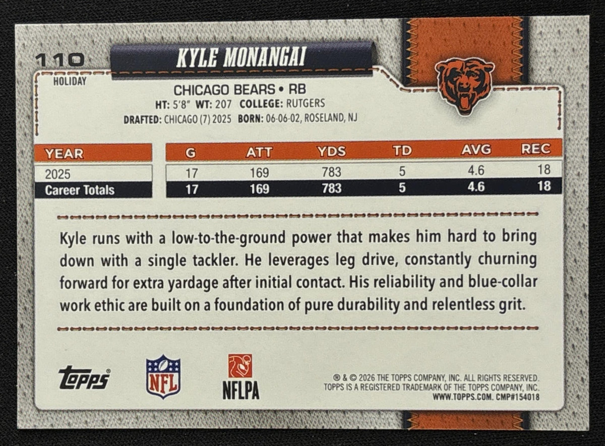 Kyle Monangai 2026 Topps Holiday Glitter Bears | Chicago Bears