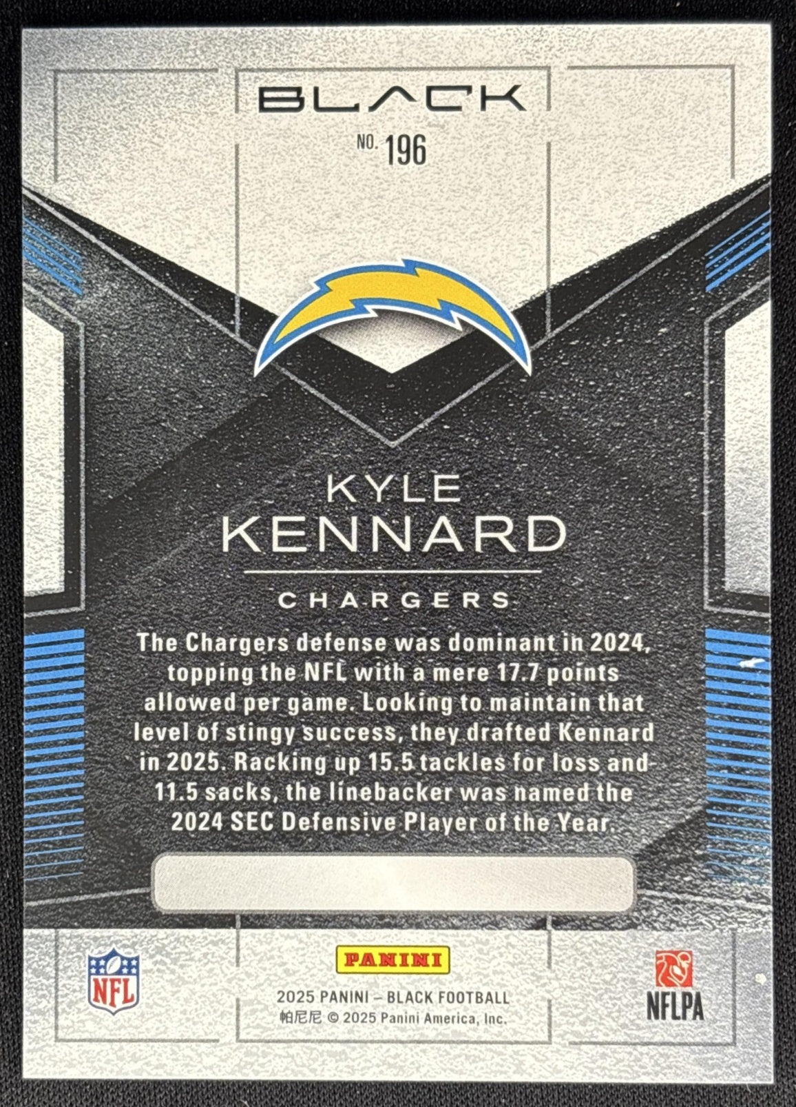 Kyle Kennard 2025 Panini Black Rookies Sapphire /50 Chargers back